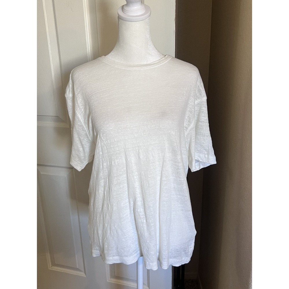 Porter & Ash 100% Linen White Crew Neck Short Sleeve Shirt Preppy Casual Mens S
